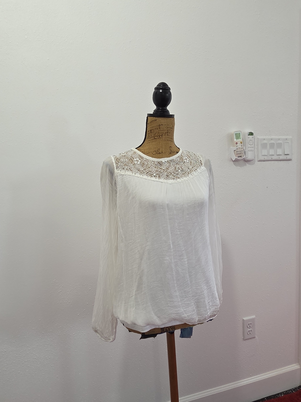 Lace 100% Silk Long Sleeve Blouse - White